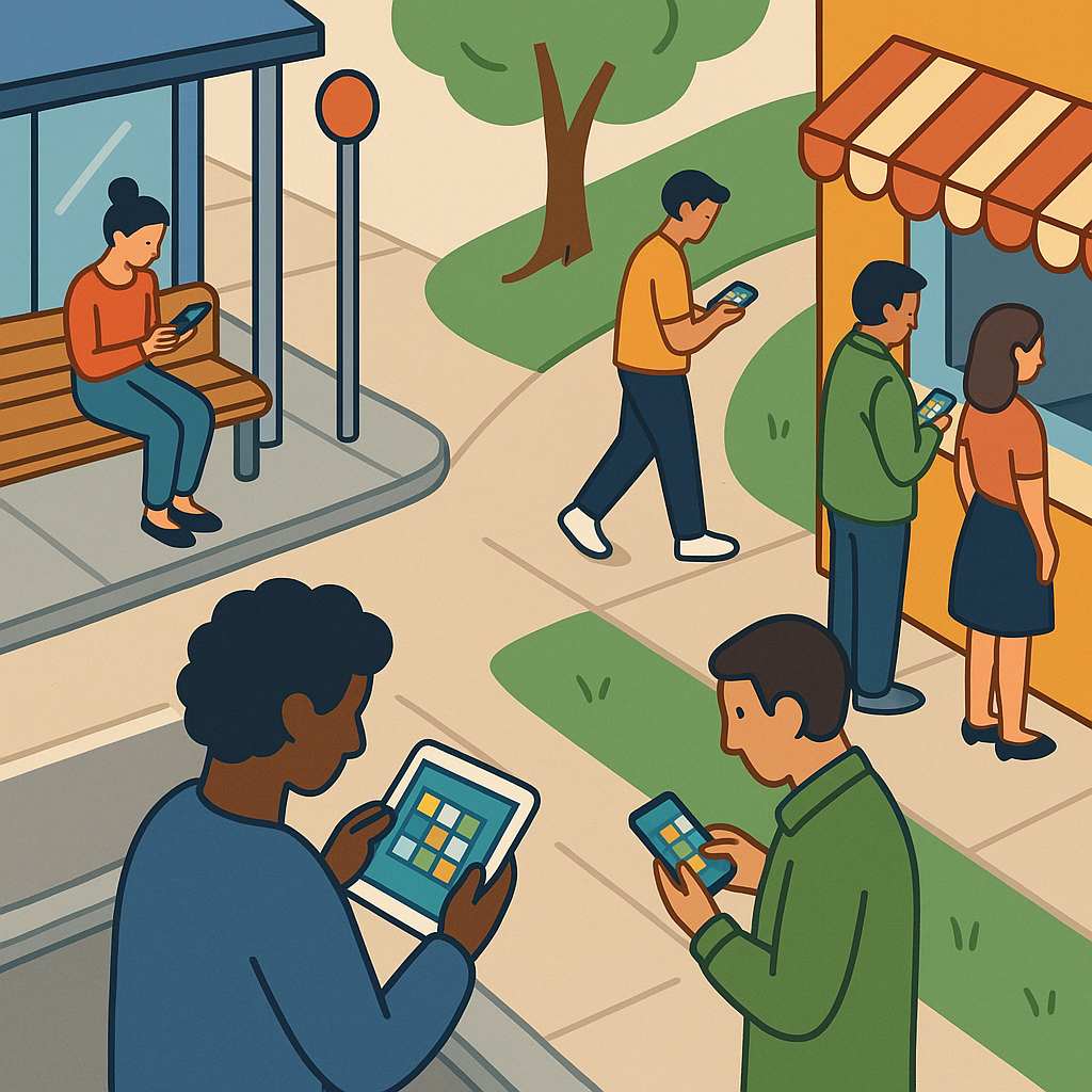 People playing short games on phones and tablets in everyday settings