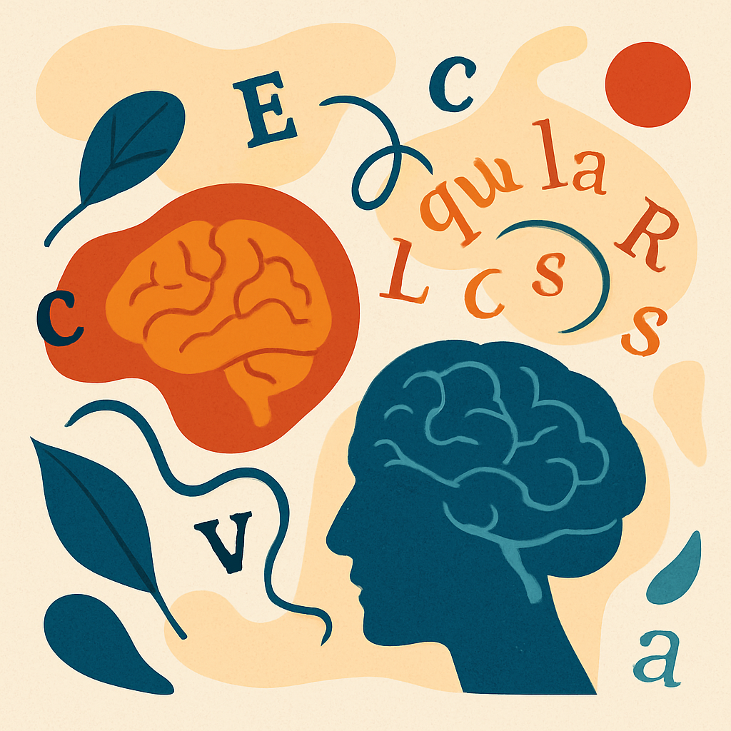Abstract shapes and brains with swirling letters and word fragments