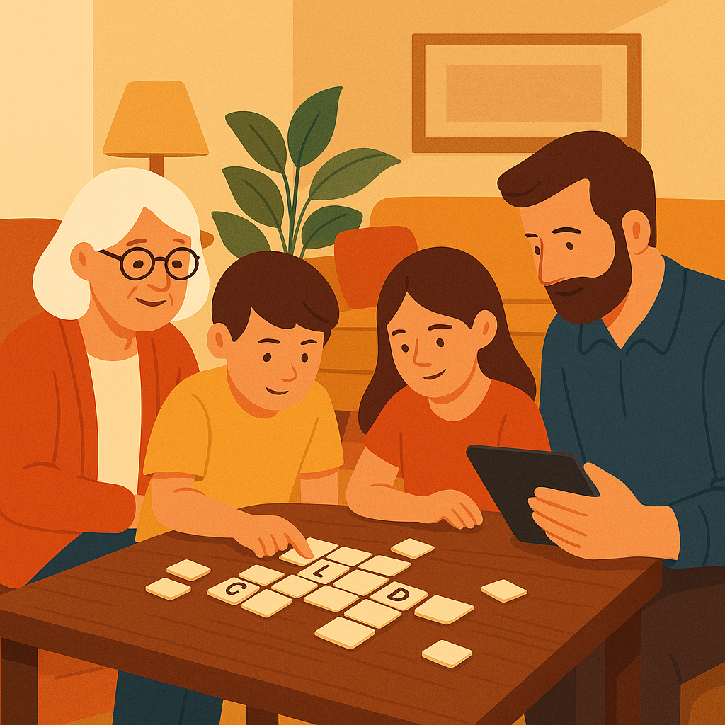 Family members of different ages solving a word puzzle together in a cozy setting