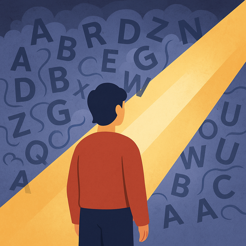 A person facing a wall of jumbled letters with a beam of light breaking through
