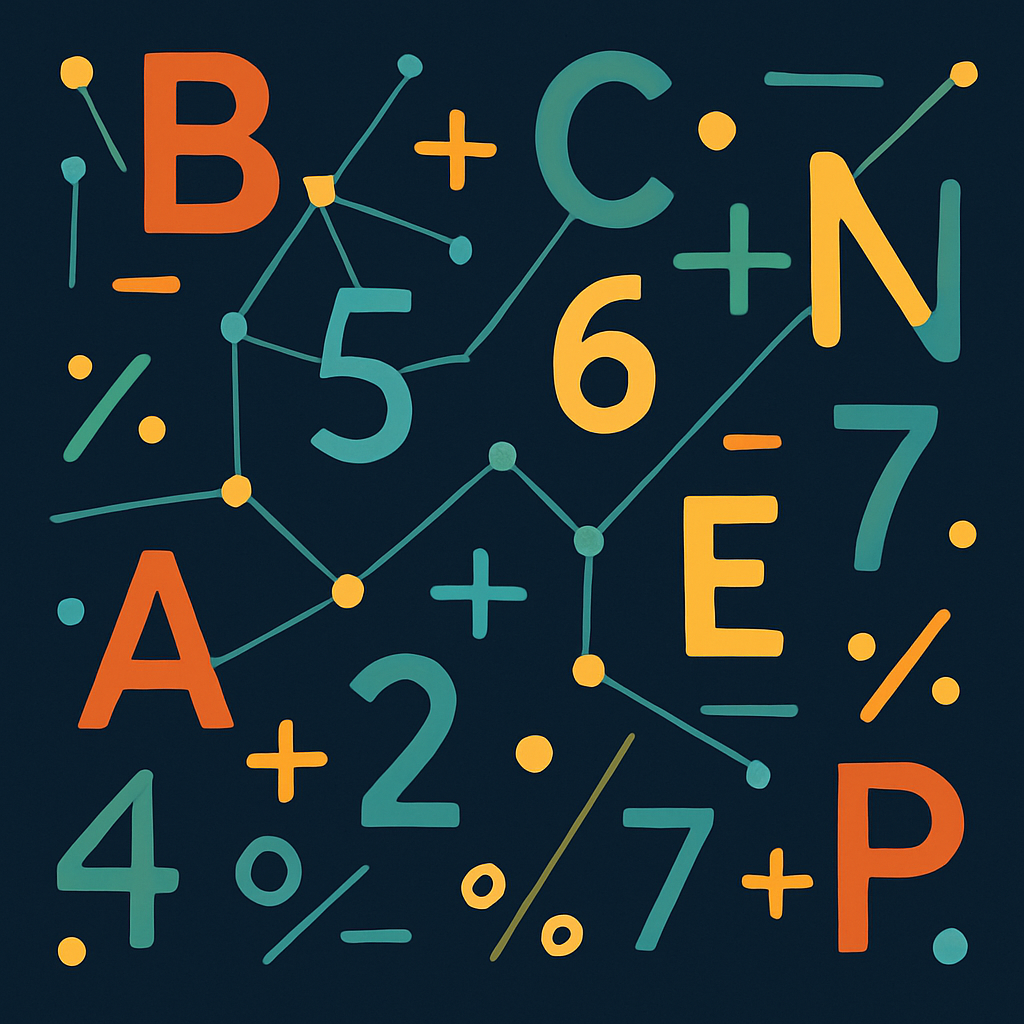 Abstract visual representation of letters, numbers, and connections